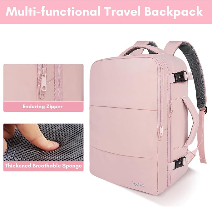 Taygeer Laptop Backpack for Women, Large Travel Backpack with 17.3 inch Laptop Compartment, TSA Friendly 40l Carry On Mochila, Daypack Business Computer Bag for Office Work Travel Essentials, Pink
