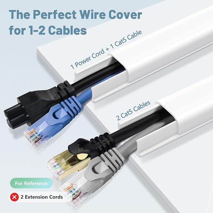 ZhiYo Wire Covers for 2 Cords, 43.7in Cord Hider on Wall Mounted, White Cord Cover Kit, Cable Cover Cable Concealer for Extension Cord, Ethernet Cable, Speaker Wire, 0.7in(W) x 0.4in(H)