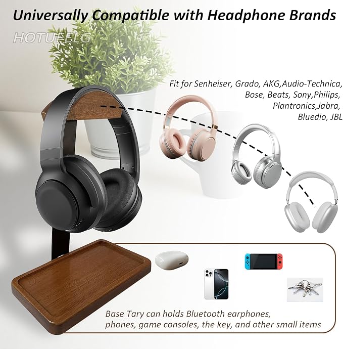 Solid Wooden Headphone Holder, 2-in-1 Universal Headphone Stand with Storage Tray for Desk, Headset Stand for Gaming Table Compatible with Airpod Max, Bose,Sennheiser, JBL, AKG(Wood Arc Top)