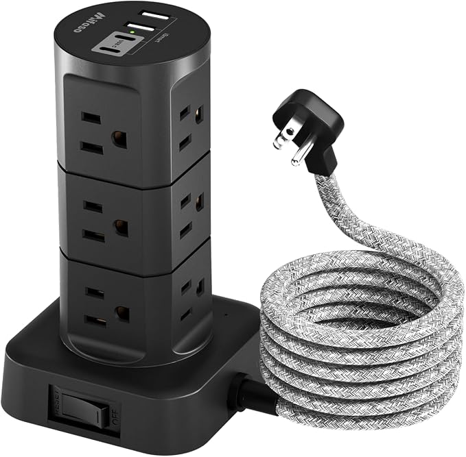 Charging Station Tower, Power Strips with Surge Protection, Flat Plug, 12 Outlets 4 USB Ports, 1875W/15A 1080J 6Ft Extension Cord with Multiple Outlets, Office Desk Supplies, Dorm Essentials, Black