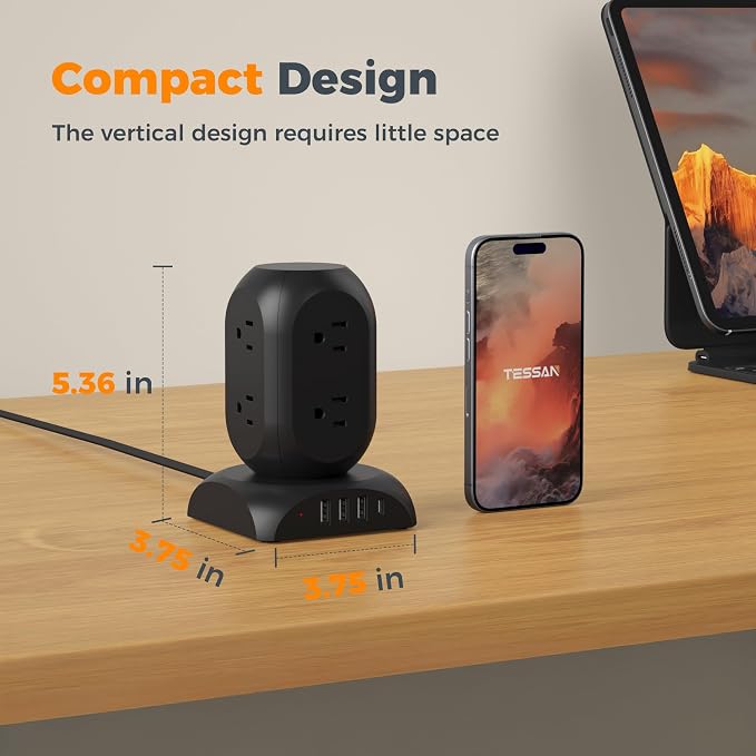 TESSAN Surge Protector Power Strip Tower, Flat Plug Extension Cord 10 Ft with 8 AC Multiple Outlets 4 USB Ports (1 USB C), 1050J Protection Desk Charging Station for Home, Office, Dorm Room, Black