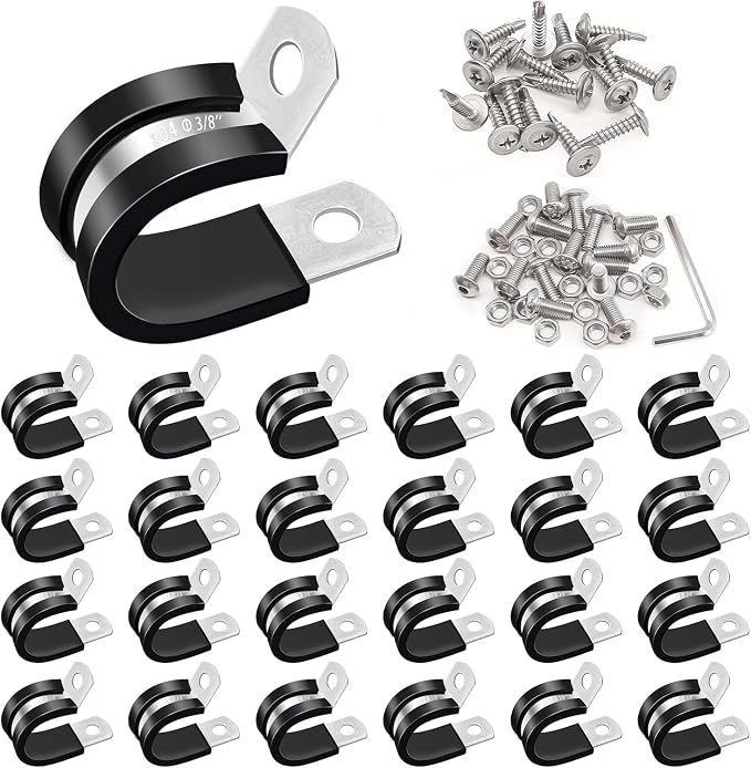 Taiss 50PCS 3/8 Inch Cable Clamps 304 Stainless Steel Rubber Cushion Insulated Wire Clamps,Pipe Clamps,Loop Clamps,Hose Clamp,Metal Rubber Clips With Two Kinds Of Screws(10mm) F-098-10mm