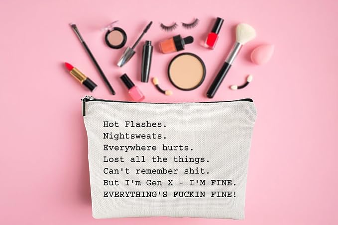 ZUYUROU Funny Gen X Makeup Bag for Women, Humorous Menopause Cosmetic Pouch for Over 50 Birthday Gifts, Double-Sided Travel Toiletry Case Organizer with Zipper, Grey