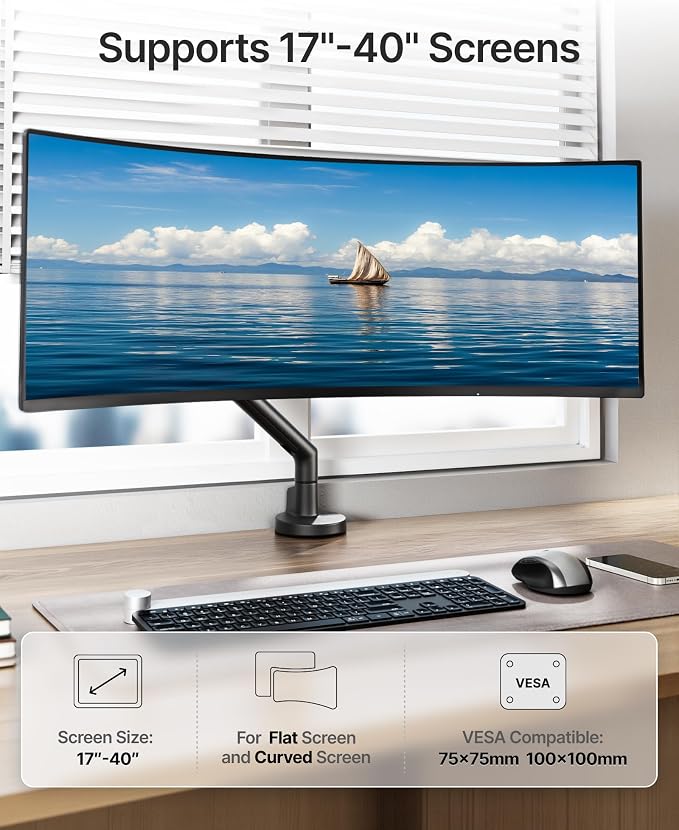 monTEK Single Monitor Arm for 17-40 Inch Screens, Heavy Duty Full Motion Monitor Mount Up to 26.4 lbs, Aluminum Monitor Stand with VESA 75/100mm, C-Clamp/Grommet Base for Curved Screens, Black