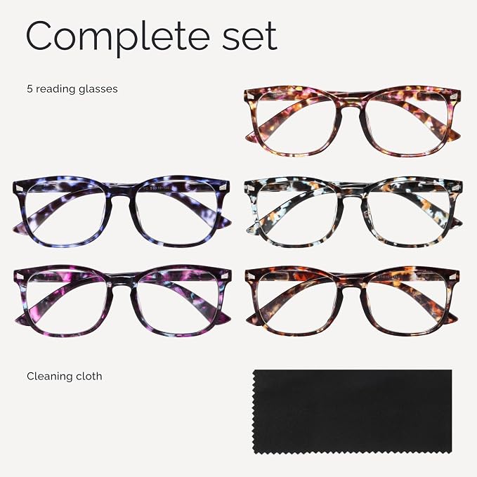 CCVOO +4.0 Clear Vision Reading Glasses for Women – 5-Pack Blue Light Filtering Readers with Spring Hinges