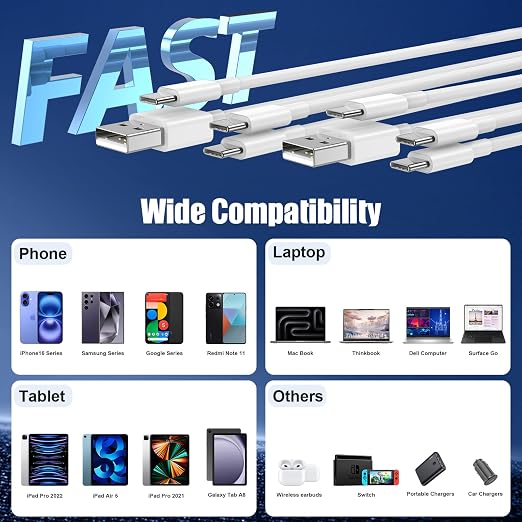 Car Carplay Cable for iPhone 17 16 15, 2-Pack 10FT 60W USB C to USB C Cable And 2-Pack 10FT USB A to USB C Cable for iPhone 17 16 15，for Galaxy S25 S24, for iPad Pro/Air, for MacBook Pro/Air and More