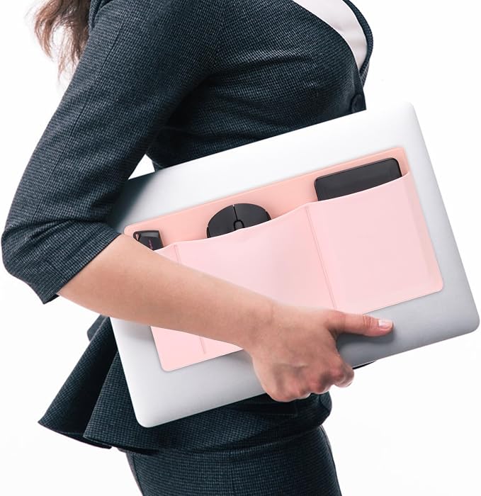 3-Pocket Laptop Pouch for Mouse & Hard Drive, Adhesive Holder Case Elastic Sleeve Pocket for External Portable SSD, Phone, USB Cable, Pen, Pink