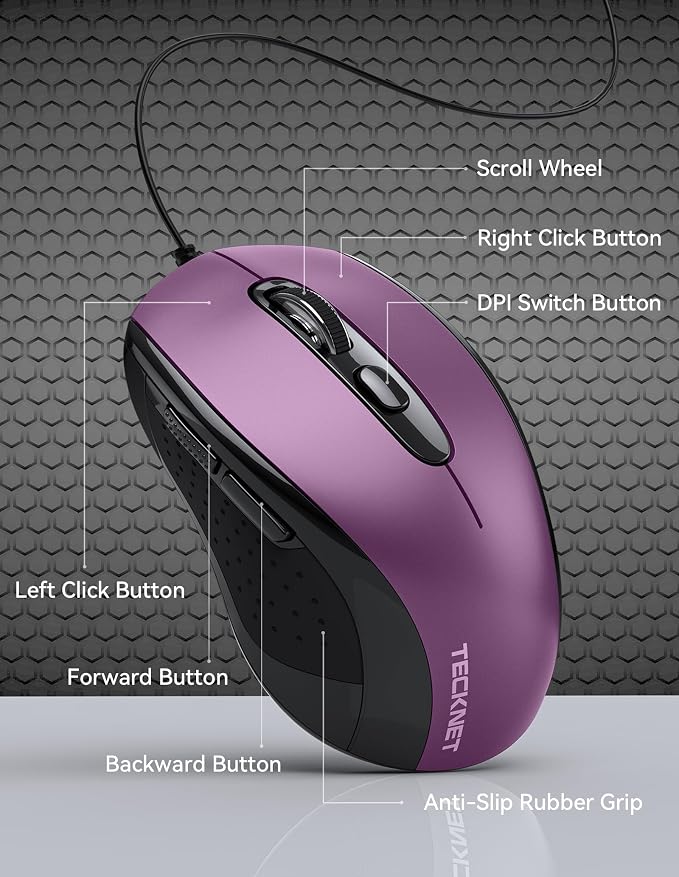 TECKNET USB Wired Mouse, 3600DPI Corded Computer Mouse with 4 Adjustable Levels, 6-Button 5FT Cord Ergonomic Mice, Home and Office Mice for Laptop PC Desktop Notebook - Purple