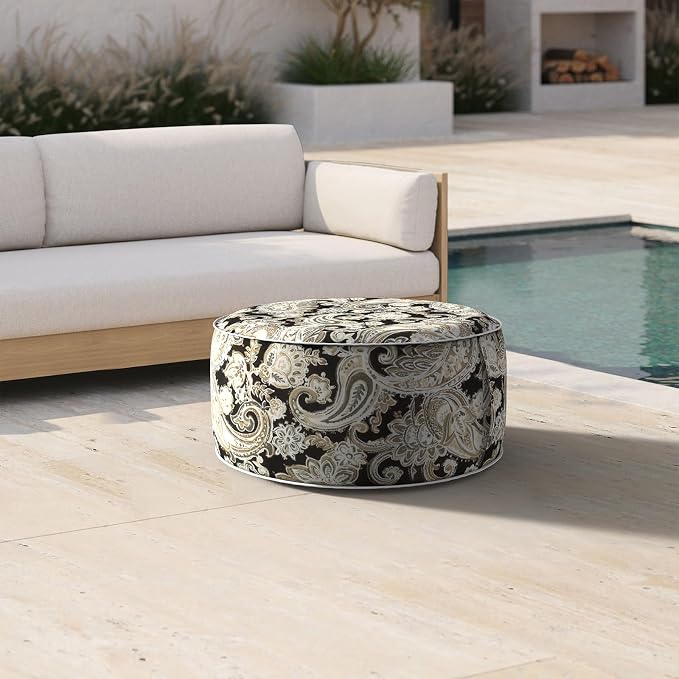 DYTXIII Inflatable Ottoman Stool D21 xH9 for Outdoor/Indoor Use, Water Repellent Patio Foot Rest Stool with Portable Handle,Round Pouf Ottoman Suitable for Garden,Deck and Camping - Paisley Black