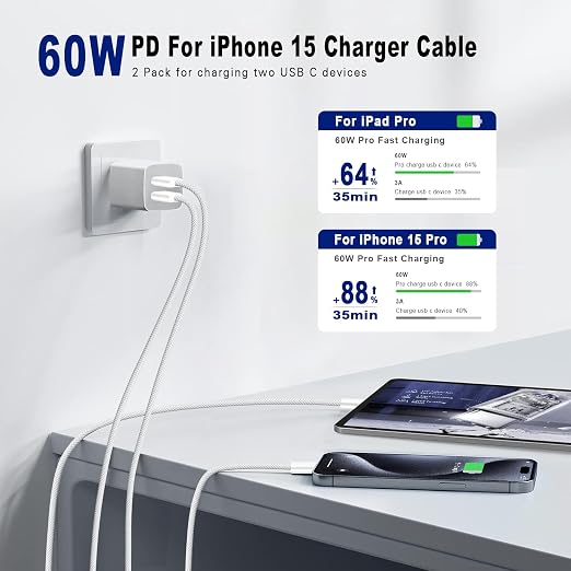 USB C to USB C Cable 6ft 2Pack 60w(3A) Type C Charger Cable Fast Charging Braided Cord Compatible with 17/17 Air/17/16/15/15 Pro/15 Pro Max/15 Plus, iPad Pro 2020, iPad Air 4, Samsung Galaxy S23