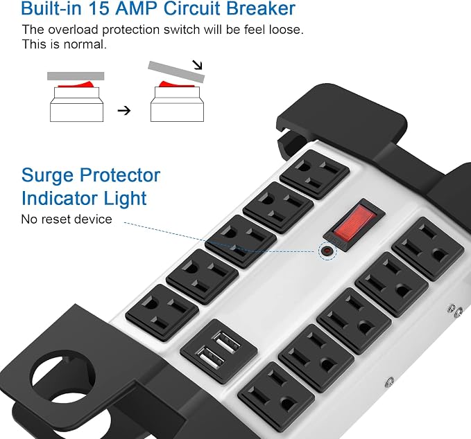 CCCEI Heavy Duty Power Strip with USB Ports, Garage 10 Outlets Surge Protector 2700 Joules, Industrial Workshop Metal 15Amp Multiple Outlets, 5 FT Extension Cord and Wide Spaced Grey.