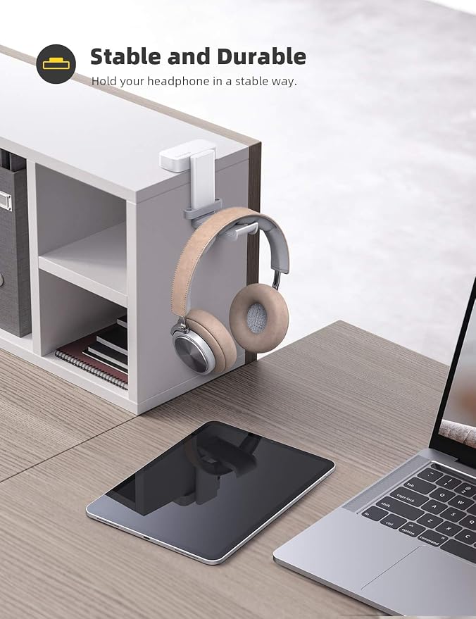 Lamicall Headphone Stand, Sticky Headset Hanger - 360 Degree Rotation Earphone Adhesive Hook Holder Mount, Table Headphone Stand with Cable Organizer, Headset Clamp for HyperX, Sennheiser -White