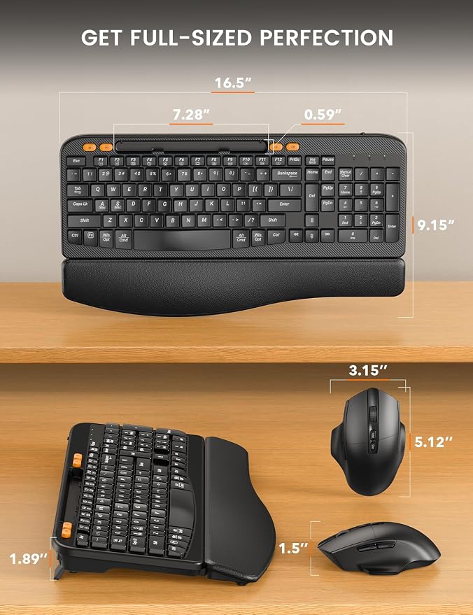 Wireless Keyboard and Mouse Combo, Ergonomic Wave Keys, Cushioned Palm Rest, Rechargeable, Phone Holder, Natural Typing, 2.4G Lag-Free, MA22 Plus Full Size Keyboards Set for Windows/Mac -SABLUTE