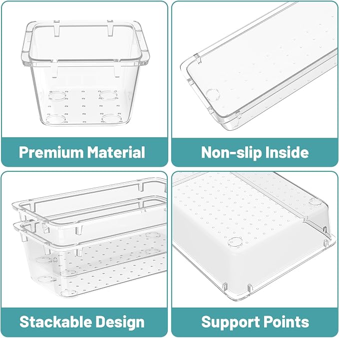 WOWBOX 40 PCS Clear Plastic Drawer Organizer Set, 4 Sizes Desk Drawer Organization and Storage Containers for Makeup, Cosmetics, Jewelry and Gadgets in Kitchen, Bathroom, Bedroom, Office, Clear