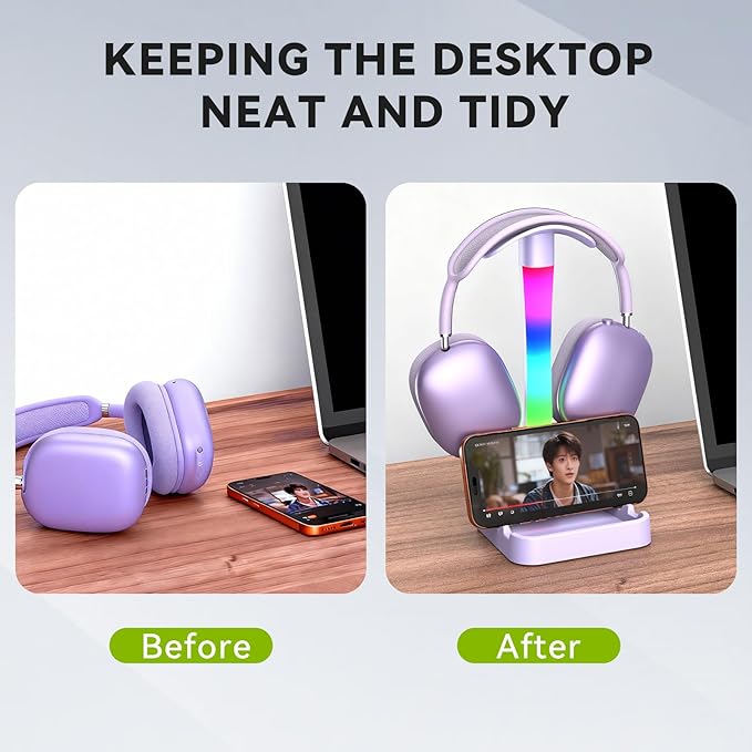 Headphone Stand with Charger,Gaming Headset stand with RGB Light Mode,For Airpod Max Stand,Desk Lamp,Phone Holder,Tablet Holder,desktop organizer,Gifts for Gamers & Music Lover (Purple)