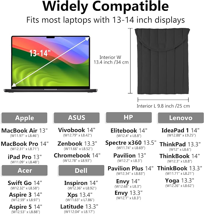 Puffy Laptop Sleeve 13-14 Inch Black, Protective Carrying Case for Men and Women, Cute Case Bag Compatible with 13 and 14 Inch Laptops, for MacBook Air M2, Asus/Dell Xps in Cover