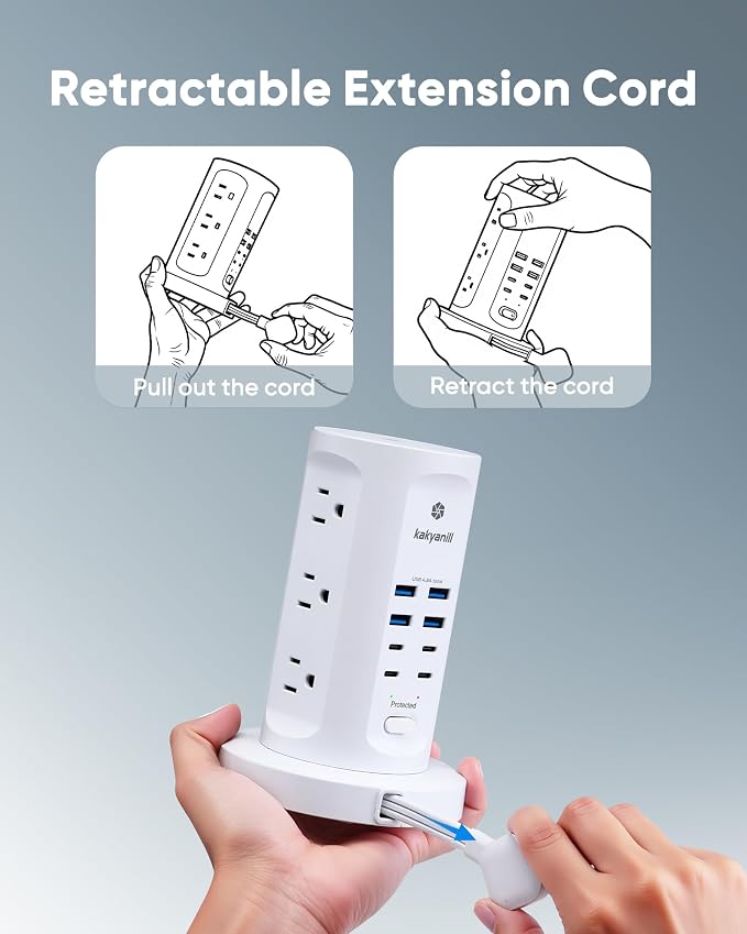Kakyanill 30W USB Charging Station, Surge Protector Power Strip Tower, 9 AC Outlets with 8 USB Ports(4 USB-C), 6Ft Flat Plug Retractable Extension Cord, for Home Office Dorm, White