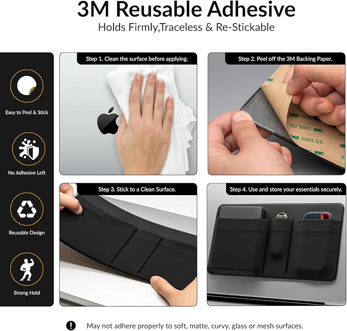 3-Pocket Adhesive Hard Drive Holder for Laptop | Stick-On Pouch for External SSD, HDD, Mouse and More - Black & Yellow