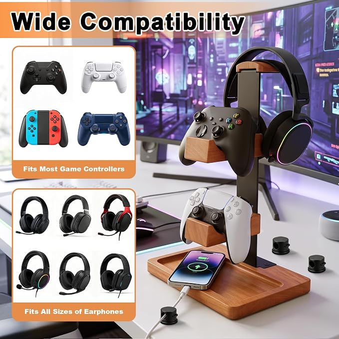 Headset Stand with Dual Controller Holder, Solid Wood Headphone Stand with Storage Base, Gaming Equipment Accessories for Desk