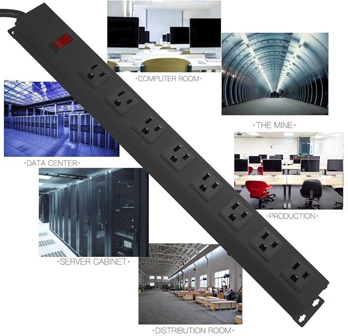 3Pack Metal 8 Outlet Mountable Power Strip, Wall Mount Outlet Heavy Duty, Wide Spaced Commercial Shop Power Strip with Switch, 3 FT Power Cord.