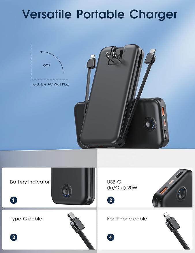 Portable Charger, 10000mAh PD20W Fast Charging Power Bank with Built-in Cables & Wall Plug, USB C Battery Phone Charger for iPhone
