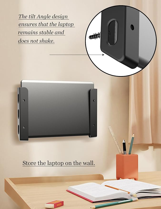Universal Laptop Wall Mount or Under Desk Mount Holder, Fit for MacBook, Keyboard, Surface, Router, Modems and More Small Devices Up to 40mm/1.57in Thick, Fixed by Screw or Adhesive (Black)