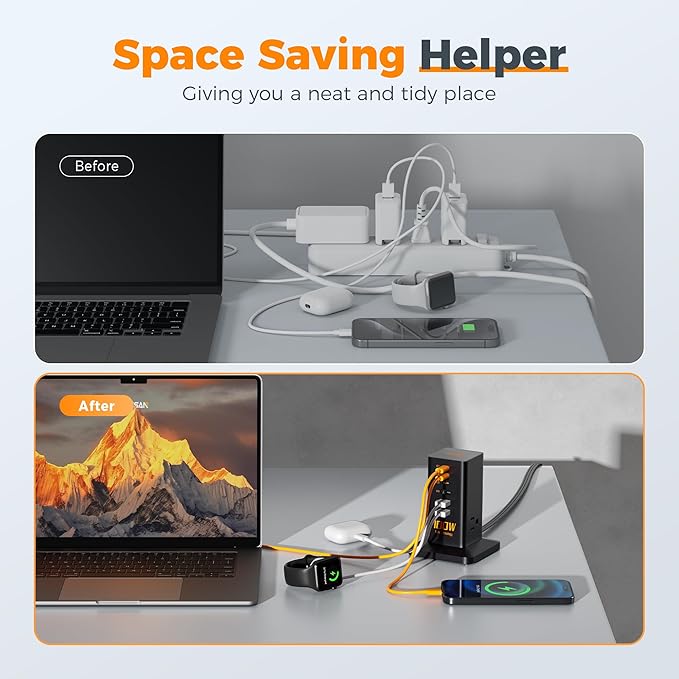 Charging Station for Multiple Devices 100W, TESSAN USB Fast GaN Station for iPhone 14/15, MacBook, Tablet, Type C Desktop Phone with 3 Outlets, Home Drom Office Accessories, Frosted Black, TS-CS03