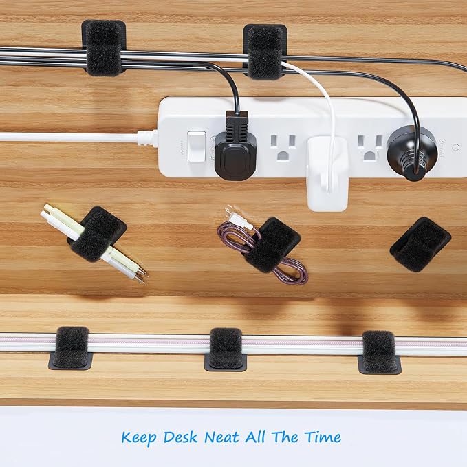 Under Desk Cable Management Set - 20 Pair Adjustable Hook and Loop Cable Ties with Adhesive Backing + 100 Pack 6 Inch Zip Ties, Complete Cord Organizer Kit for Home Office Desk Wire Management (Black)