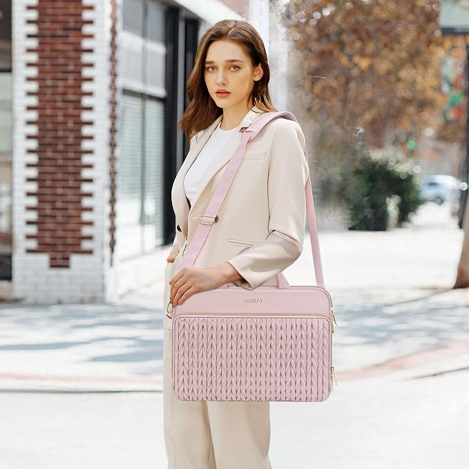 MOSISO 13.3 inch Laptop Shoulder Bag for Women, 13-14 inch Computer Bags Compatible with MacBook Neo 13/Air 13.6/13/Pro 13/14,HP Dell Lenovo ASUS, Wheat Ear Quilted Laptop Bag with Handle&Pocket, Pink