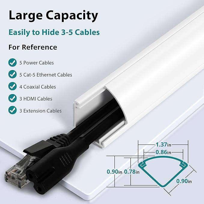 ZhiYo Corner Cable Concealer, Large Corner Cord Hider, Wire Covers for Cords, Paintable Cord Cover, Cable Management Channel Raceway for Wall, Floor Baseboard, Ceiling, White