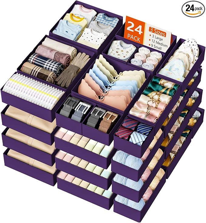 DIMJ Drawer Organizer Clothes - 24 Pack Closet Drawer Organizer Bins for Baby Clothes Storage, Fabric Dresser Organizer for Nursery Bedroom, Foldable Small Drawer Dividers for Underwear Socks