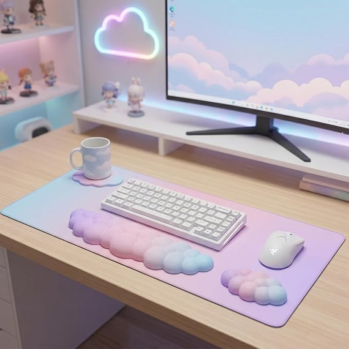 Cloud Mouse Pad Keyboard Wrist Rest 4PCS Extended Large Pink Sky Desk Mat Pad Set Memory Foam Non-Slip Cute Ergonomic Gaming Mouse Pad Wrist Support for Computer Laptop Home Office Pink Purple