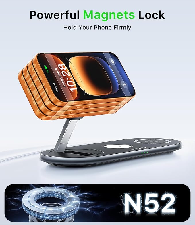 JARGOU Foldable Wireless Charger for iPhone with Magsafe Charger Stand, Fast Magnetic Phone and Watch Charger Station for iPhone 17 Air 16 15 14 13 12, for Apple Watch Charger, for AirPods
