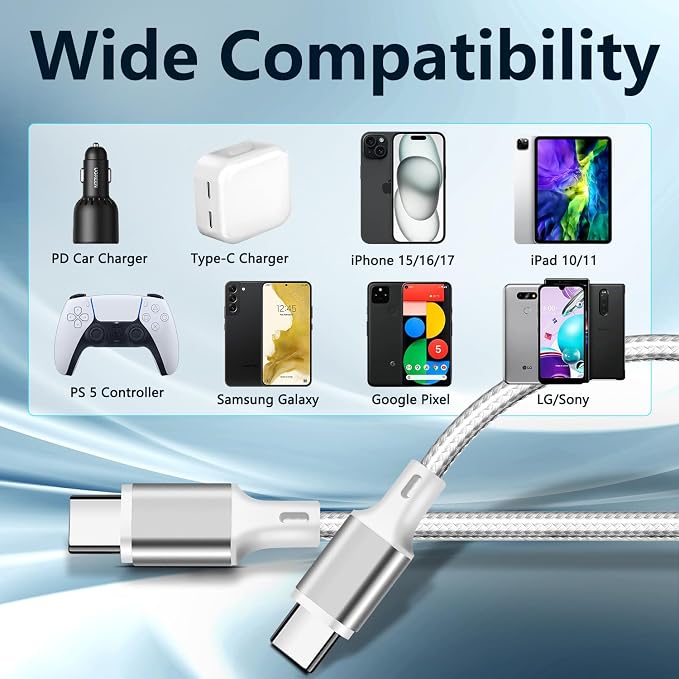 USB C to USB C Charger Cable, 3Pack 6FT Type C Fast Charging Cord Compatible for iPhone 15/16/17/Pro/Max/Plus, iPad Pro Air Ps5 Controller Samsung Galaxy - Silver