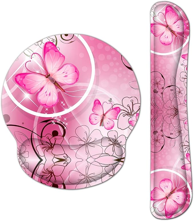 RICHEN Keyboard Wrist Rest and Mouse Pad with Wrist Support, Memory Foam Set for Gaming and Office, Comfortable & Lightweight for Easy Typing & Pain Relief (Pink Butterfly)
