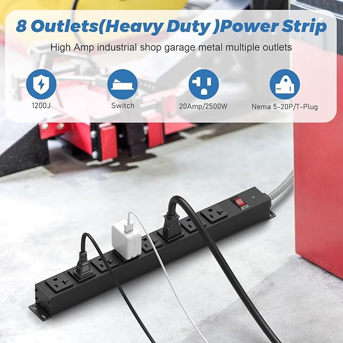 HEZI 20 Amp Power Strip Surge Protector 1200J, Metal 8 Outlets Heavy Duty 20amp, 15Ft 12 Gauge Extension Cord for Appliance Workbench Garage Industrial, Combine with T-Plug Adapter,5-20R T-Slot