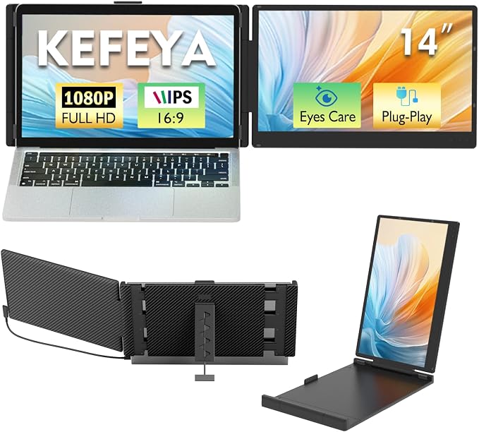 KEFEYA Laptop Screen Extender, 14" 1080P FHD IPS Laptop Monitor Extender for Home Office, Dual Travel Monitor for Laptops 13-17.3", USB-C HDMI Plug-Play for macOS Windows PS Switch Xbox Phone Pad