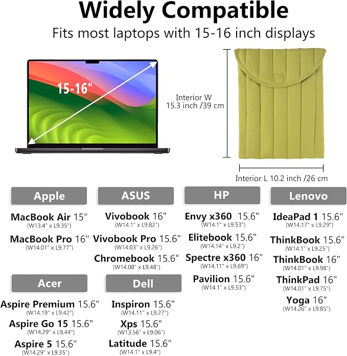 Puffy Laptop Sleeve 15-16 Inch Streak-Green, Protective Carrying Case for Men and Women, Cute Case Bag Compatible with 15 and 16 Inch Laptops, for MacBook Air M2, Asus/Dell Xps in Cover