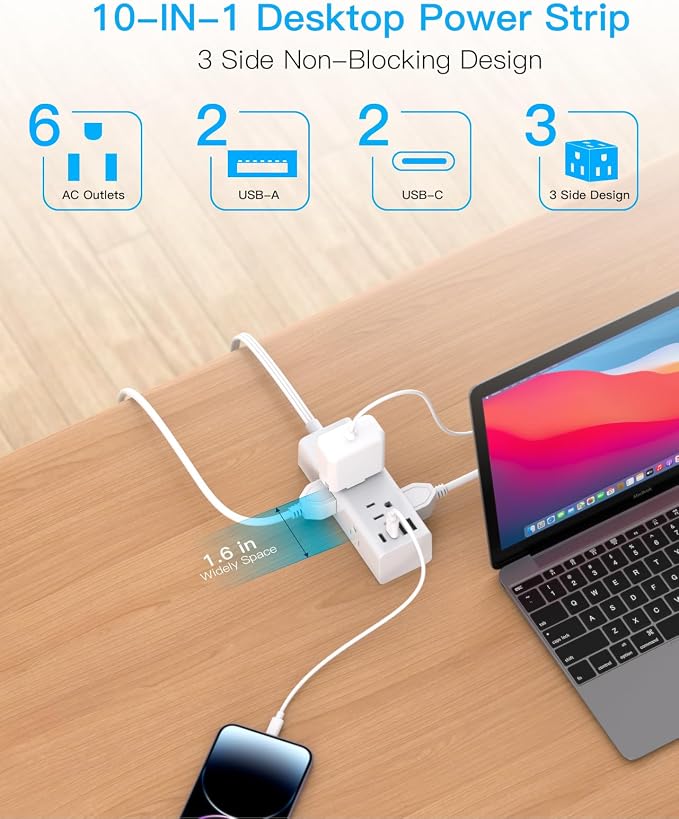 5Ft Extension Cord with Multiple Outlets, Flat Plug Power Strip Surge Protector with 5 Ft Long Cord, 6 Outlet 4 USB Ports (2 USB C), Multi Outlet Wall Plug for Travel, College, Dorm Room Essentials