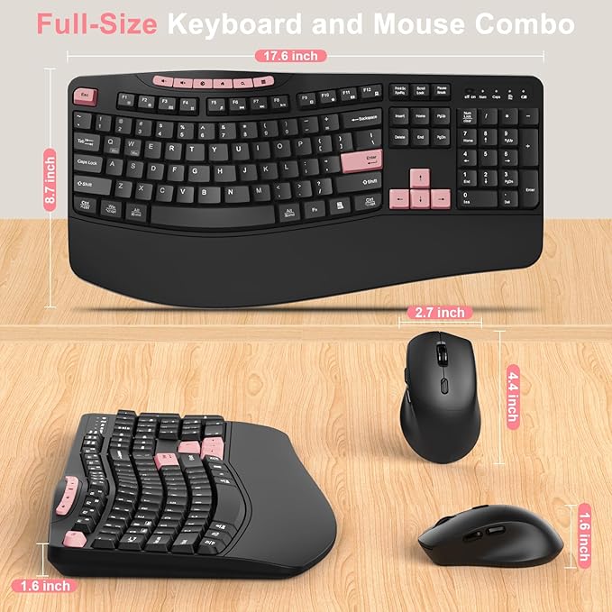 Wireless Keyboard and Mouse Combo, Ergonomic Keyboard with 6 Multimedia Keys, 2.4G Full Size Keyboard with Wrist Rest, 3-Level DPI Wireless Silent Mouse with 6-Buttons, for Windows (Pink)