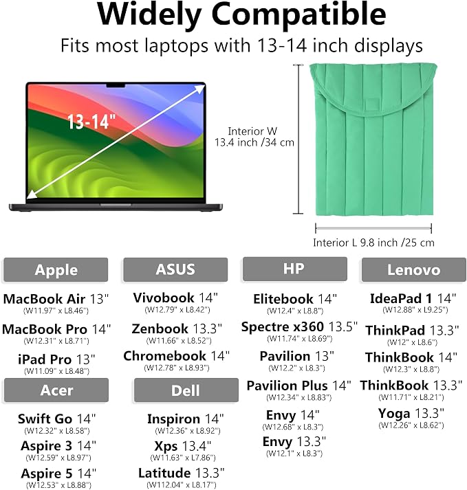 Puffy Laptop Sleeve Set 13-14 Inch Light Green, Protective Carrying Case with Data Cable Package, Cute Case Bag Compatible with 13 and 14 Inch Laptops, for MacBook Air M2 M1, Asus/Dell Xps/Lenovo