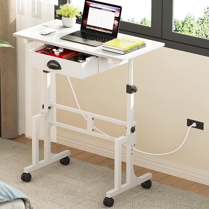 Cidaziya Small Adjustable Height Standing Desk with Storage Drawers, Rolling Sit Stand Up Desk with Wheels Charging Station, Adjustable Mobile Portable Table for Walking Pad Laptop Treadmill Computer