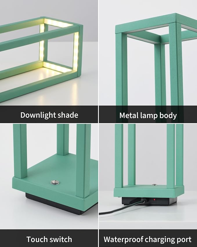PUSU Cordless Waterproof Table Lamps Set of 2, Green Outdoor Rechargeable 4000mAh Battery Operated Desk Lamp 2700K 3-Level Dimmable, Portable LED Lighting for Patio, Camping, Bedroom, Night Light