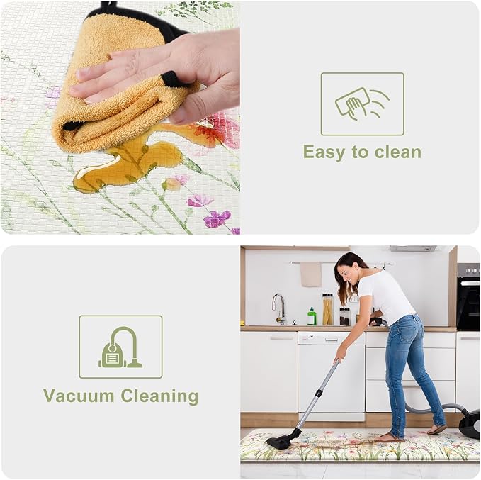 KIMODE Anti Fatigue Kitchen Mats for Floor 2 Piece, Cushioned Floral Kitchen Rugs, Memory Foam Kitchen Floor Mats, Summer Standing Desk Mats for Laundry Office Sink White 20"x71"+20"x32"