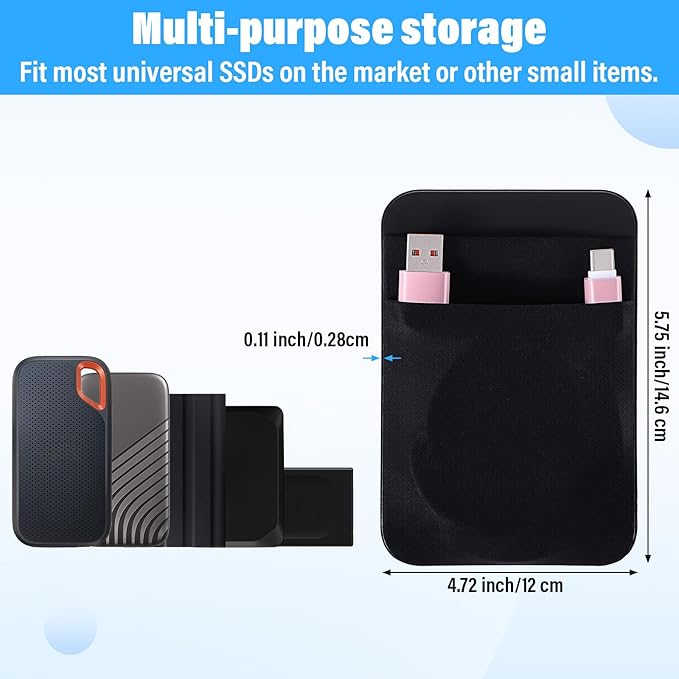 Portable Hard Drive Sleeve 2-Pocket Stick on Pouch with Reusable Adhesive SSD Hard Drives Carrying Case Computer Accessories Pouch Holder for Most Laptop External Solid State Drive Mouse USB Cable