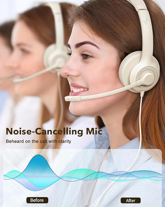 JIAMQISHI USB Headset with Microphone for PC, On-Ear Computer Laptop Headphones with Noise Cancelling Mic in-line Control for Home Office Online Class Zoom (USB+3.5mm, Apricot)