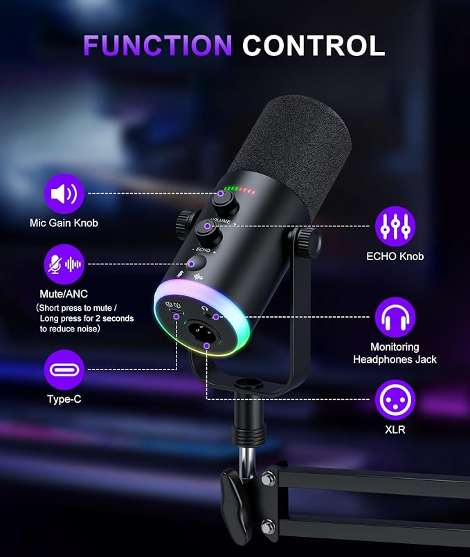 Dynamic Gaming Microphone | USB/XLR Dual Mode | RGB Boom Arm Mic Kit with One‑Touch Mute, Headphone Monitor, Gain Control | for Streaming, Podcast, PC, PS4/PS5, Recording