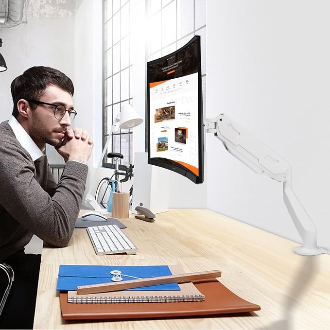 Pholiten Single Monitor Mount, Fully Adjustable Gas Spring Single Monitor Arm for up to 32 inch Screens, Computer Monitor Stand for Desk Holds up to 24lb, VESA 75/100mm, White