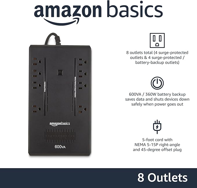 Amazon Basics UPS Battery Backup & Surge Protector, 600VA/360W, 8 Outlets, Standby Uninterruptible Power Supply, Power Outage Protection, Compact Design, Black
