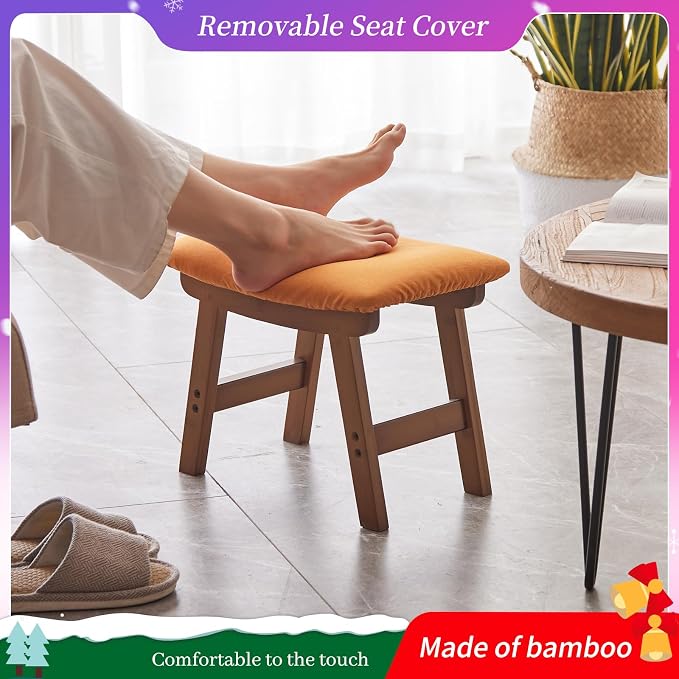 Kitsanery Foot Stool,Ottoman,Bamboo Small Sofa Foot Rest Under Desk,Extra Seating for Living Room, Bedroom and Kitchen(Brown Stool Legs - Orange Surface)